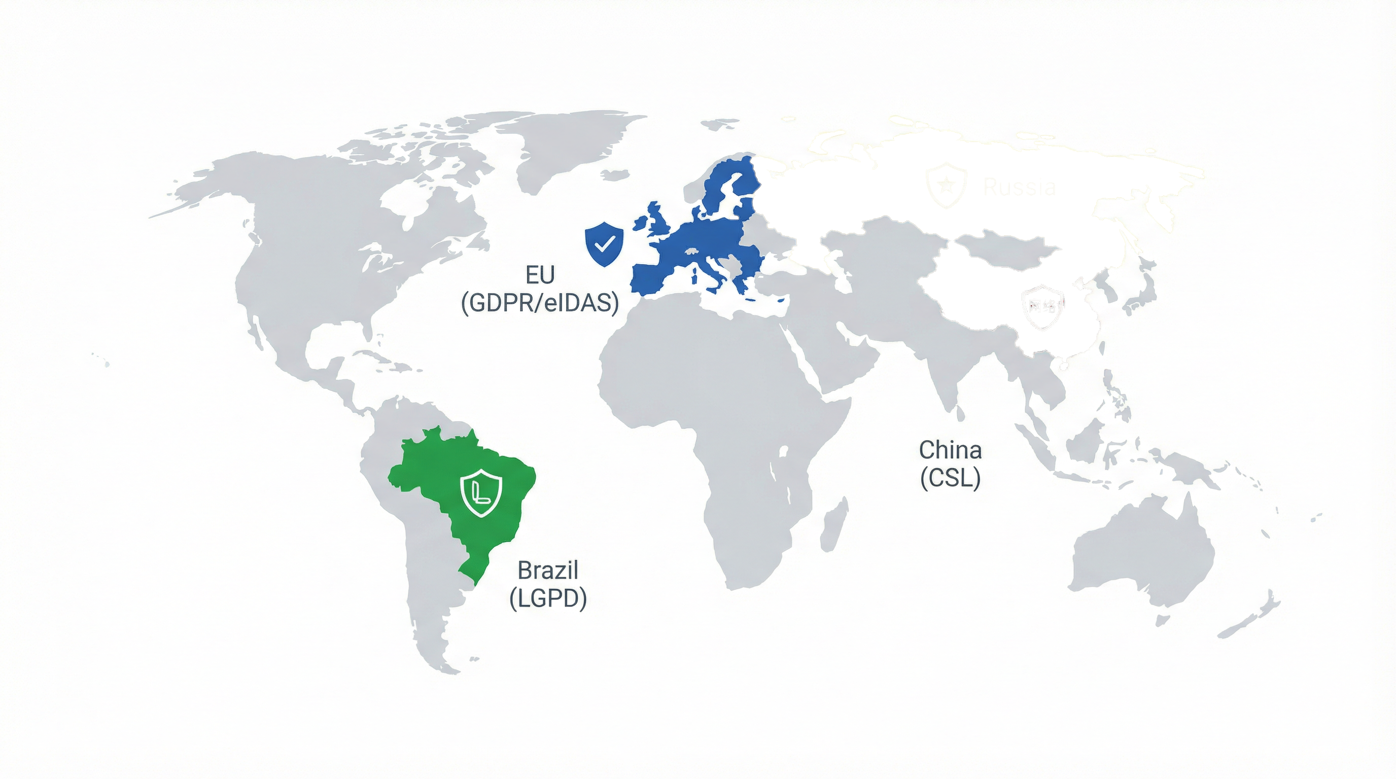 World map highlighting EU, Brazil, China, and Russia as regions with strict data residency and sovereignty laws.